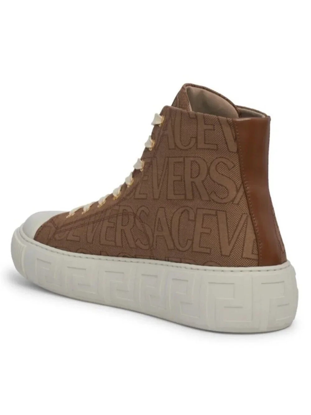 Versace Men's Greca Logo Jacquard High Top Sneaker Shoes Beige Size 47 / US 14